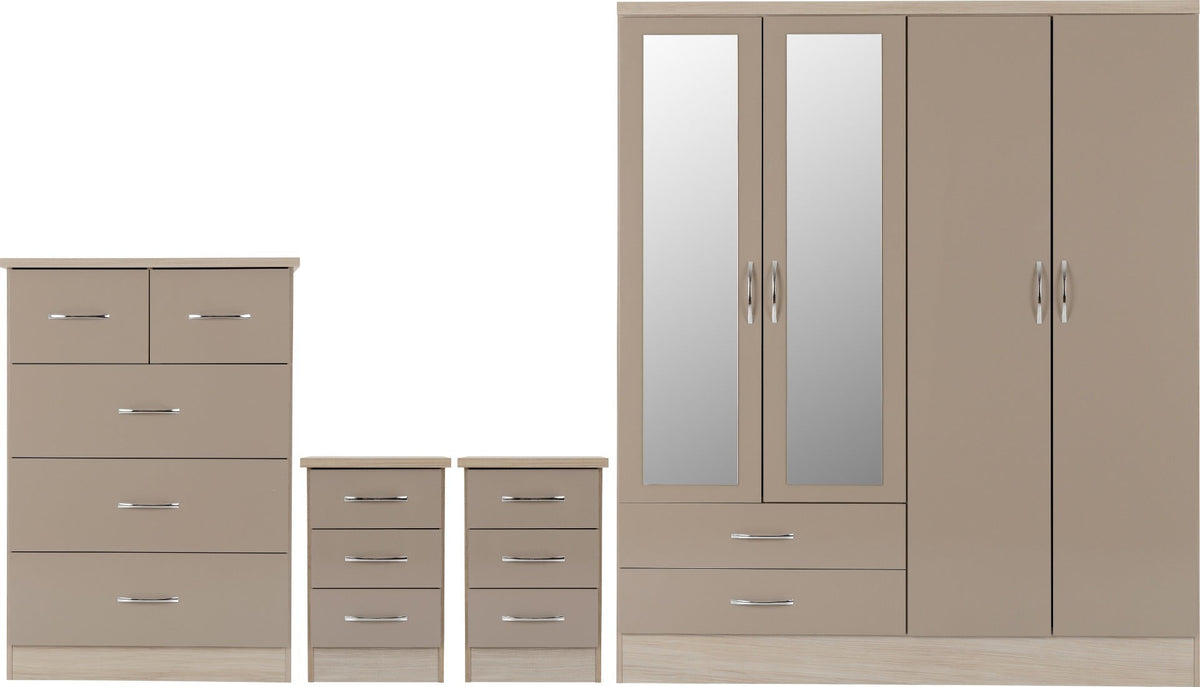 Nevada 4 Door 2 Drawer Wardrobe Bedroom Set - Oyster Gloss/Light Oak Effect Veneer - view 2