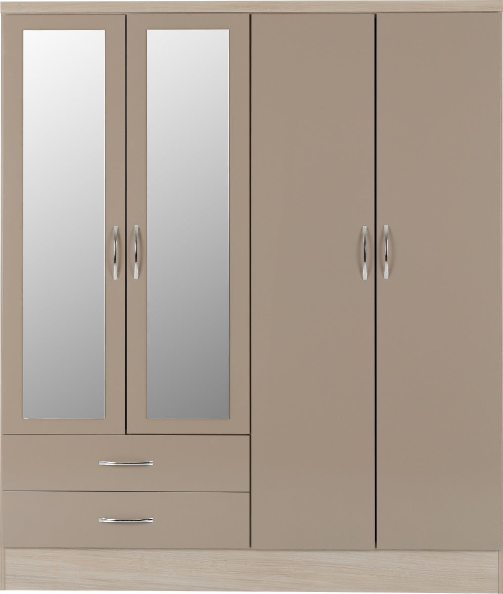 Nevada 4 Door 2 Drawer Wardrobe Bedroom Set - Oyster Gloss/Light Oak Effect Veneer - view 5