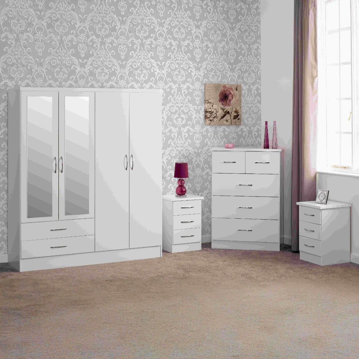 Nevada 4 Door 2 Drawer Wardrobe Bedroom Set - White Gloss - view 18