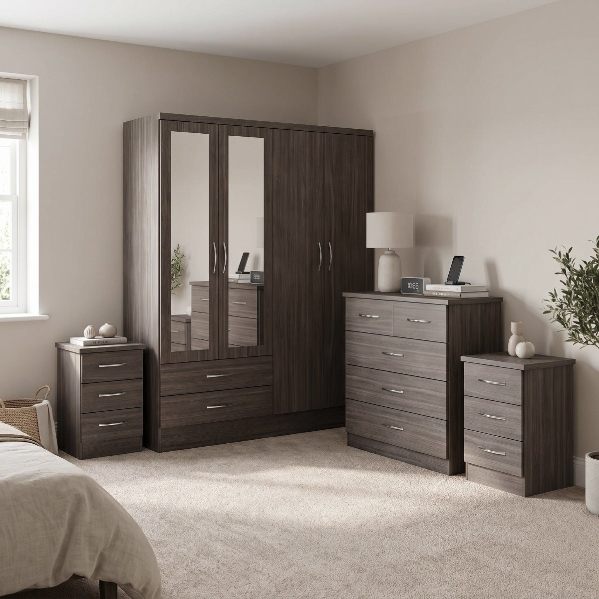 Nevada 4 Door 2 Drawer Wardrobe Bedroom Set - Black Wood Grain