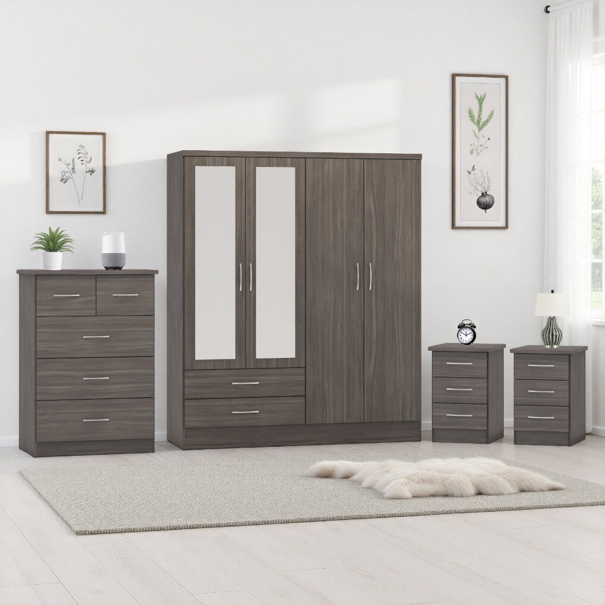 Nevada 4 Door 2 Drawer Wardrobe Bedroom Set - Black Wood Grain - view 18