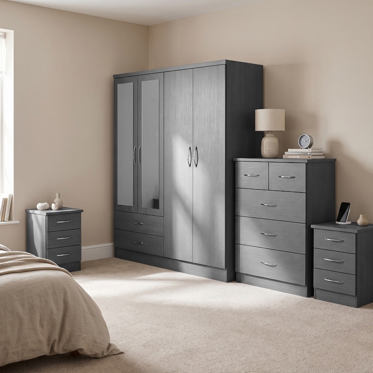 Nevada 4 Door 2 Drawer Wardrobe Bedroom Set - 3D Effect Grey
