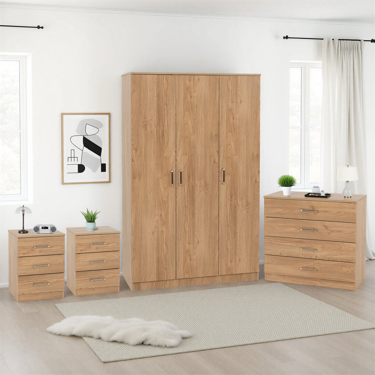 Dakota 3 Door Wardrobe Bedroom Set - Oak Effect