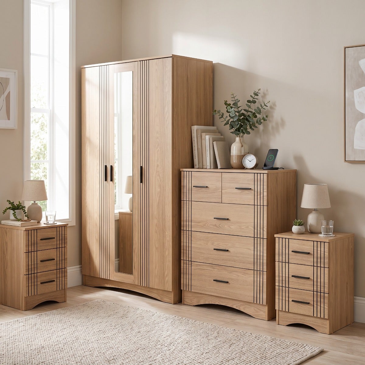 Tessa 3 Door Mirrored Wardrobe Bedroom Set - Natural Oak Effect