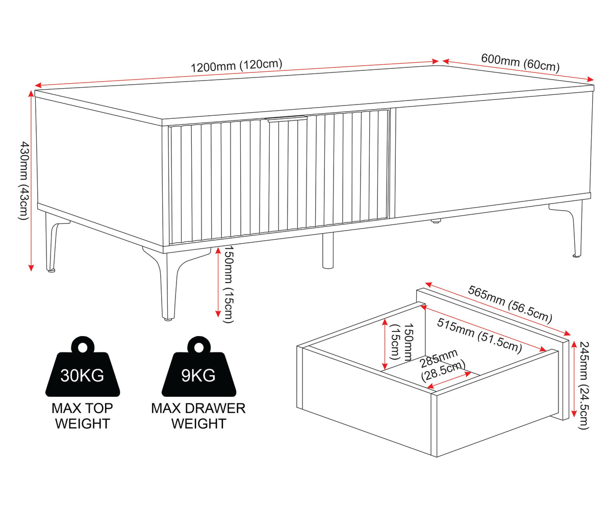 Miami 2 Drawer Coffee Table - Oak Effect/Black - view 2