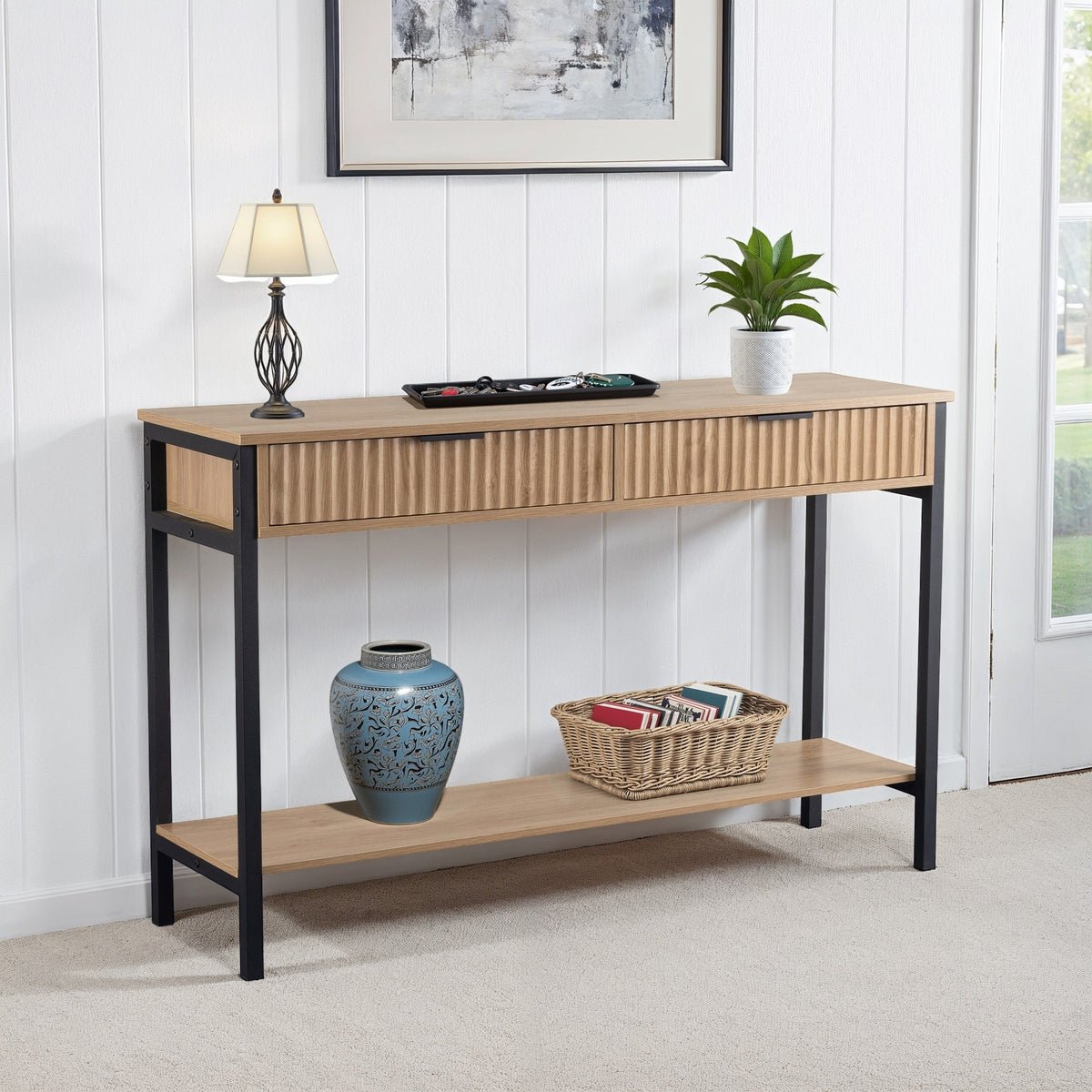 Miami 2 Drawer Console Table - Oak Effect/Black