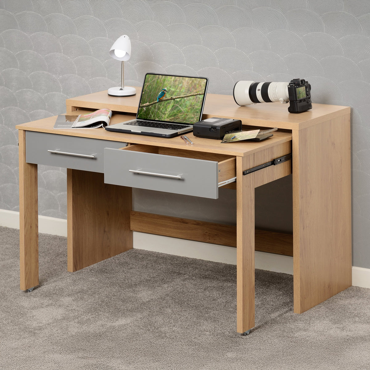 Seville 2 Drawer Slider Desk - Grey Gloss/Light Oak Effect Veneer - view 12