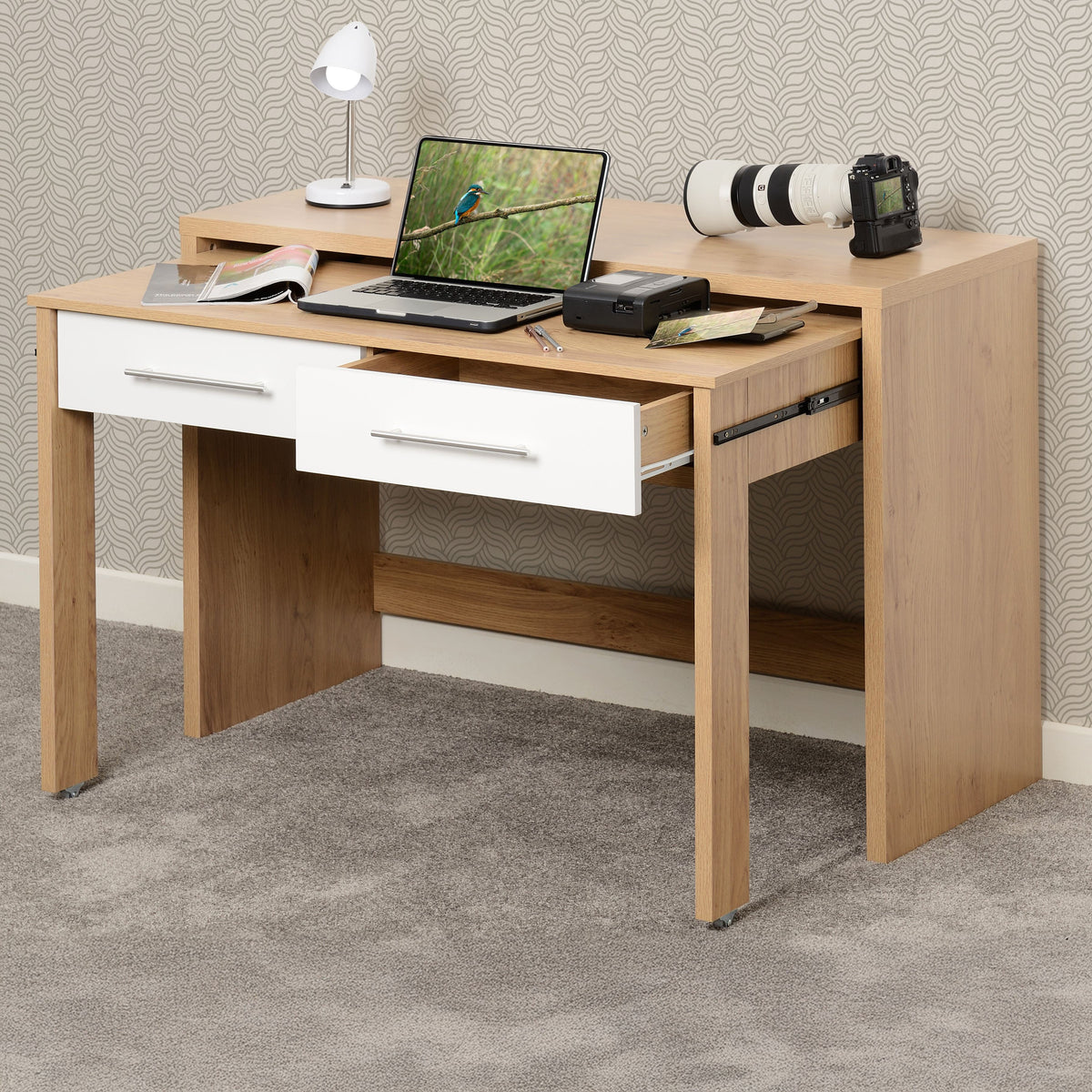 Seville 2 Drawer Slider Desk - White Gloss/Light Oak Effect Veneer