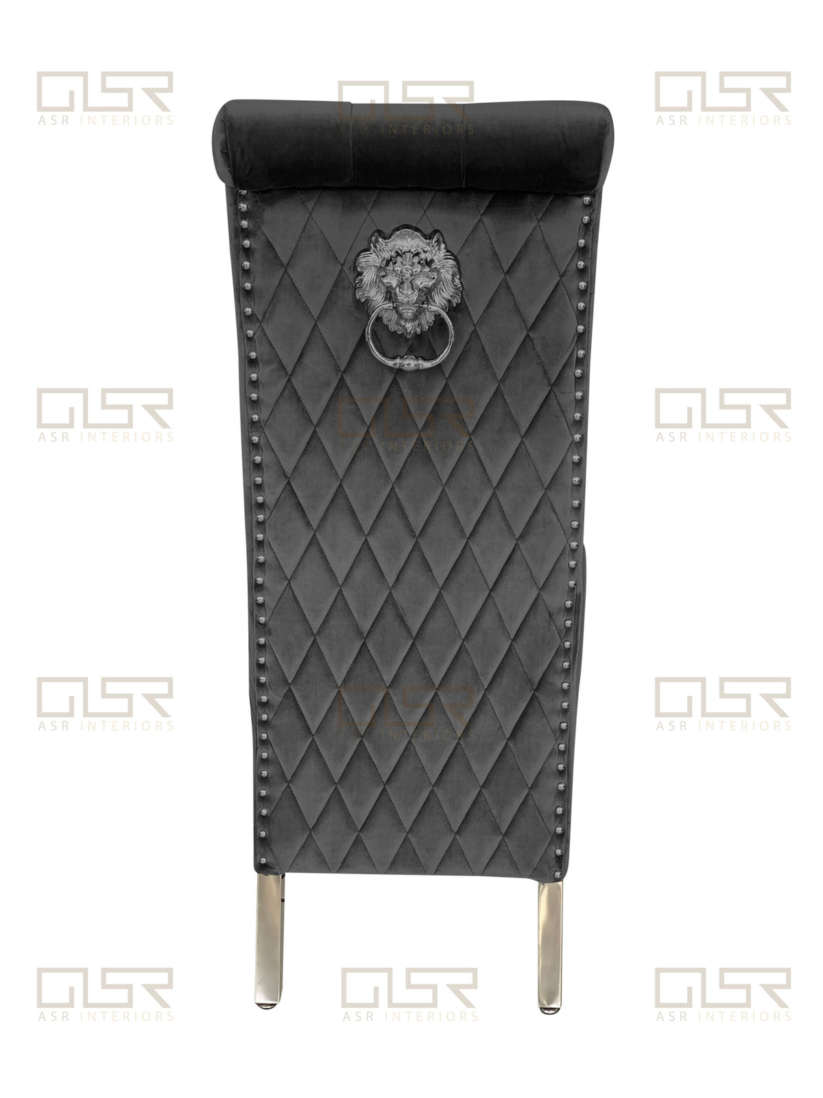 Sofia Grey Colour Chrome Leg Lion Knocker Dining Chair