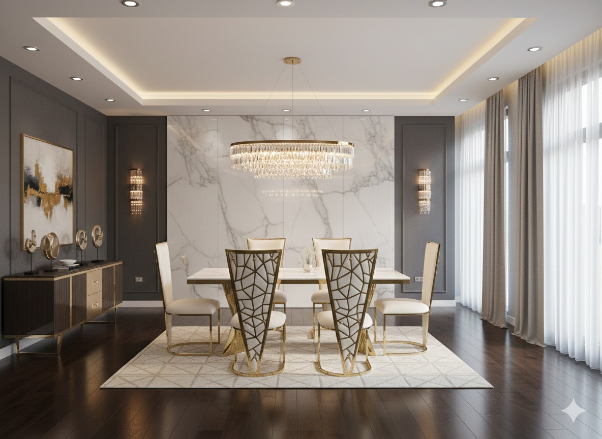 Ravello 160cm Cream & Gold Marble Dining Table