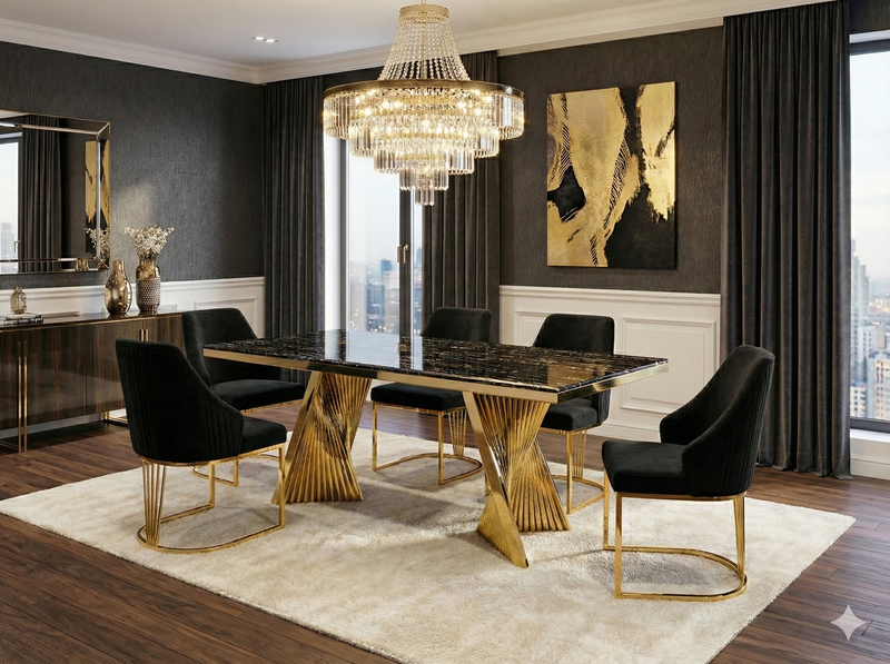 Ravello 180cm Black & Gold Marble Dining Table
